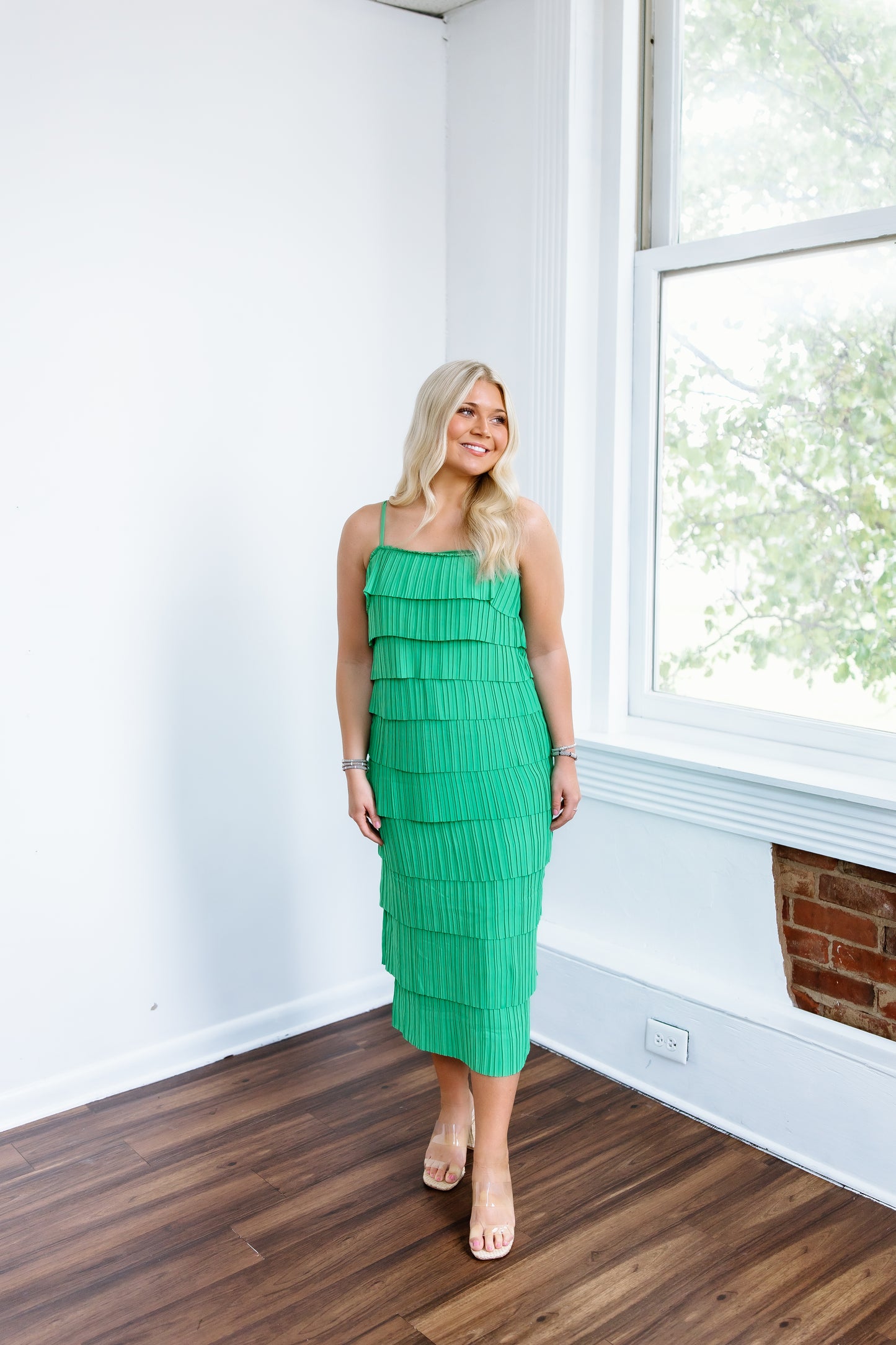 PLEATED LAYERED MIDI DRESS