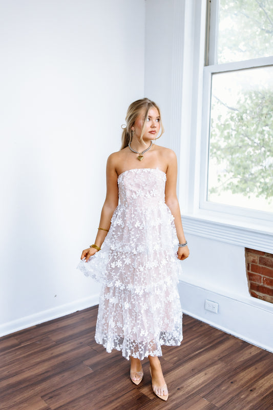 STRAPLESS LAYERED MIDI DRESS