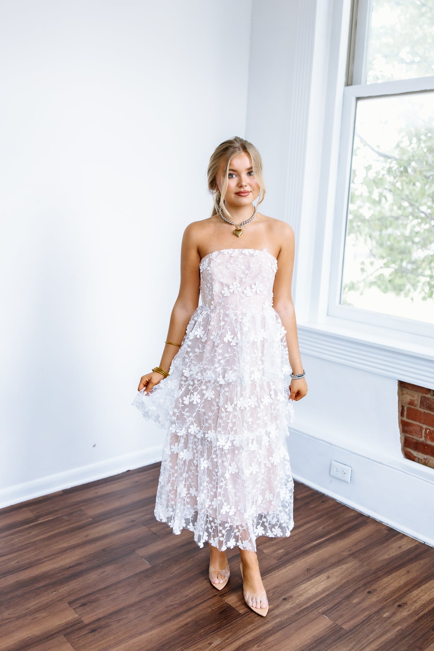 STRAPLESS LAYERED MIDI DRESS