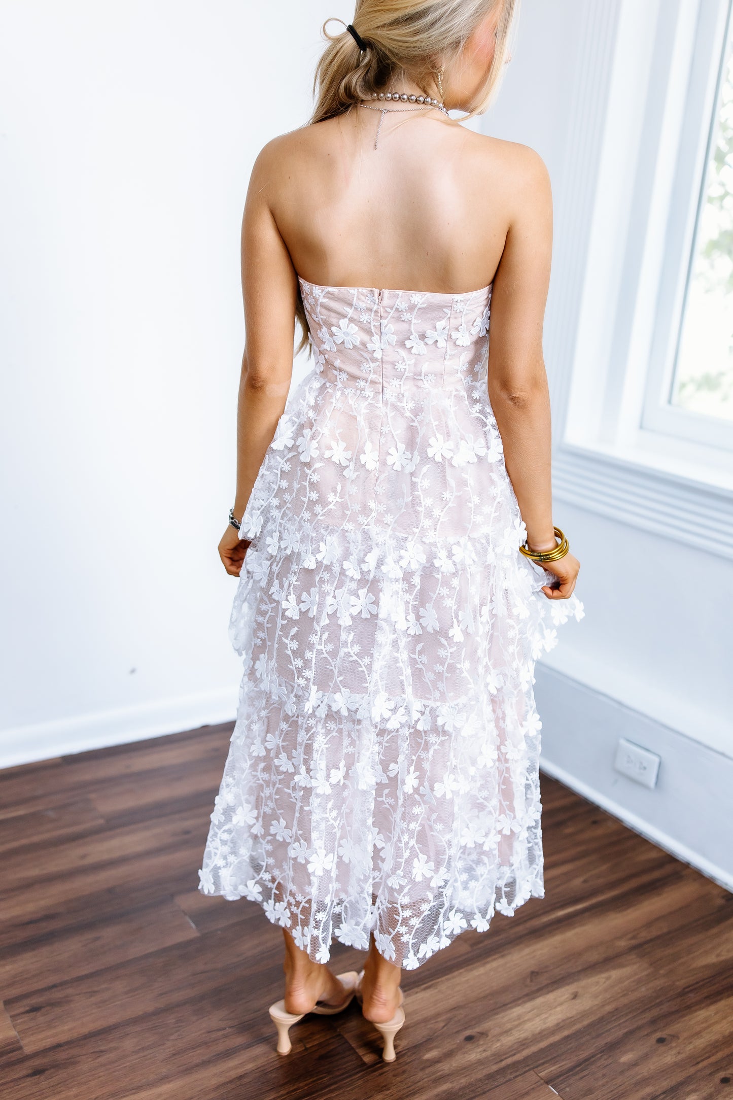 STRAPLESS LAYERED MIDI DRESS