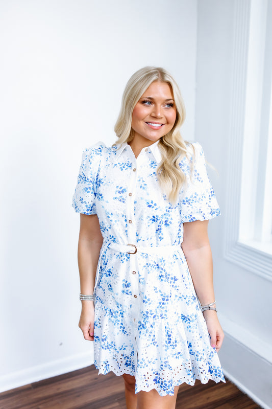 KAY FLORAL EYELET MINI DRESS