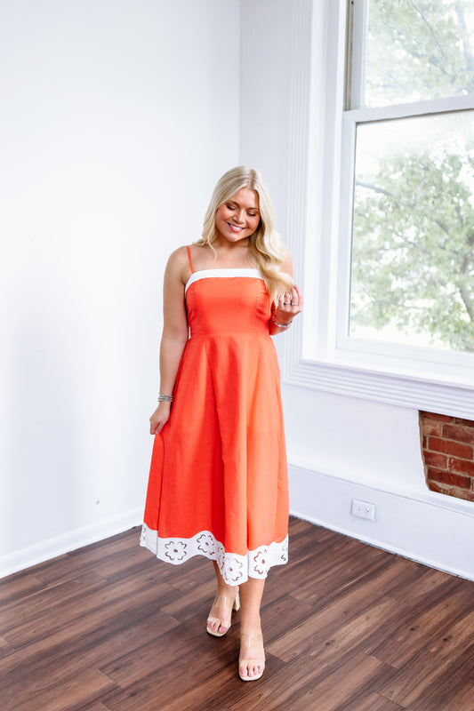 TO GREECE EMBROIDERED FLORAL MIDI DRESS