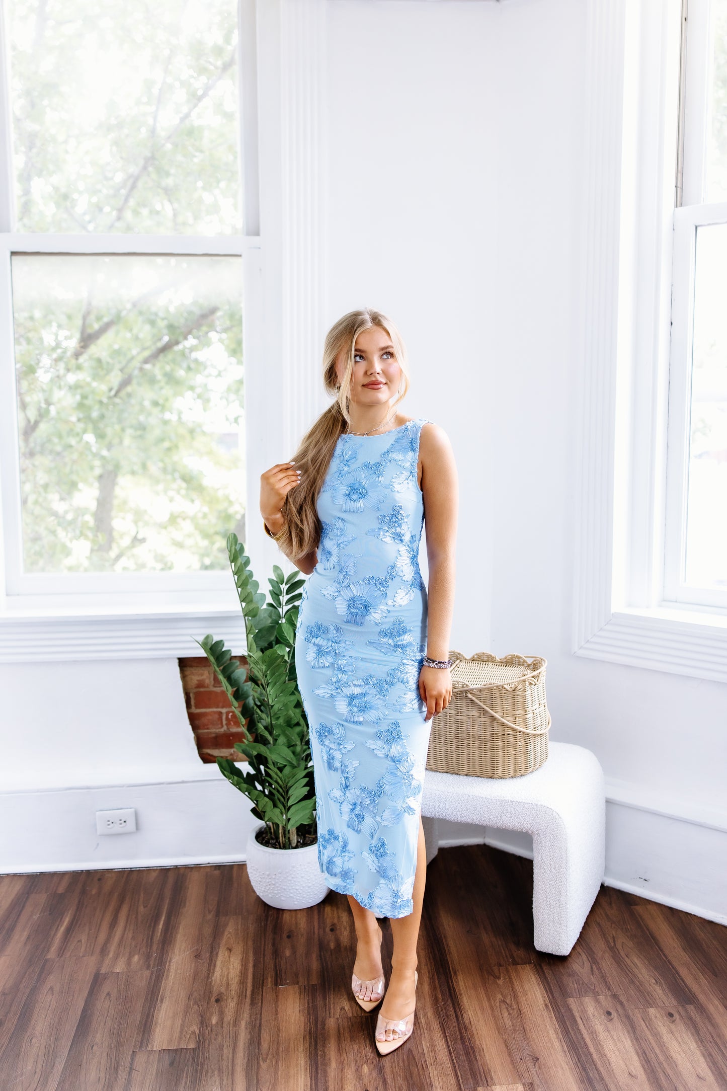 FLORAL MESH MIDI DRESS