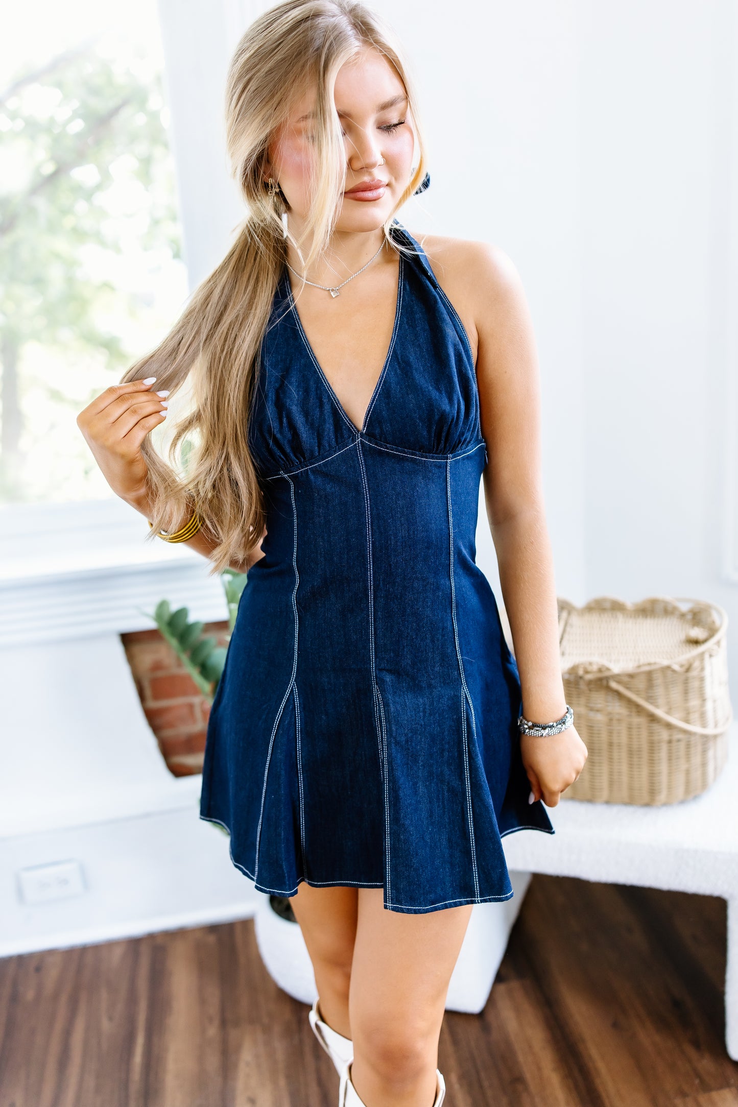HALTER DENIM MINI DRESS