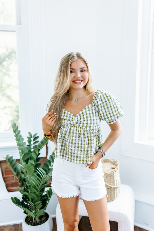 GINGHAM EMBROIDERY TOP