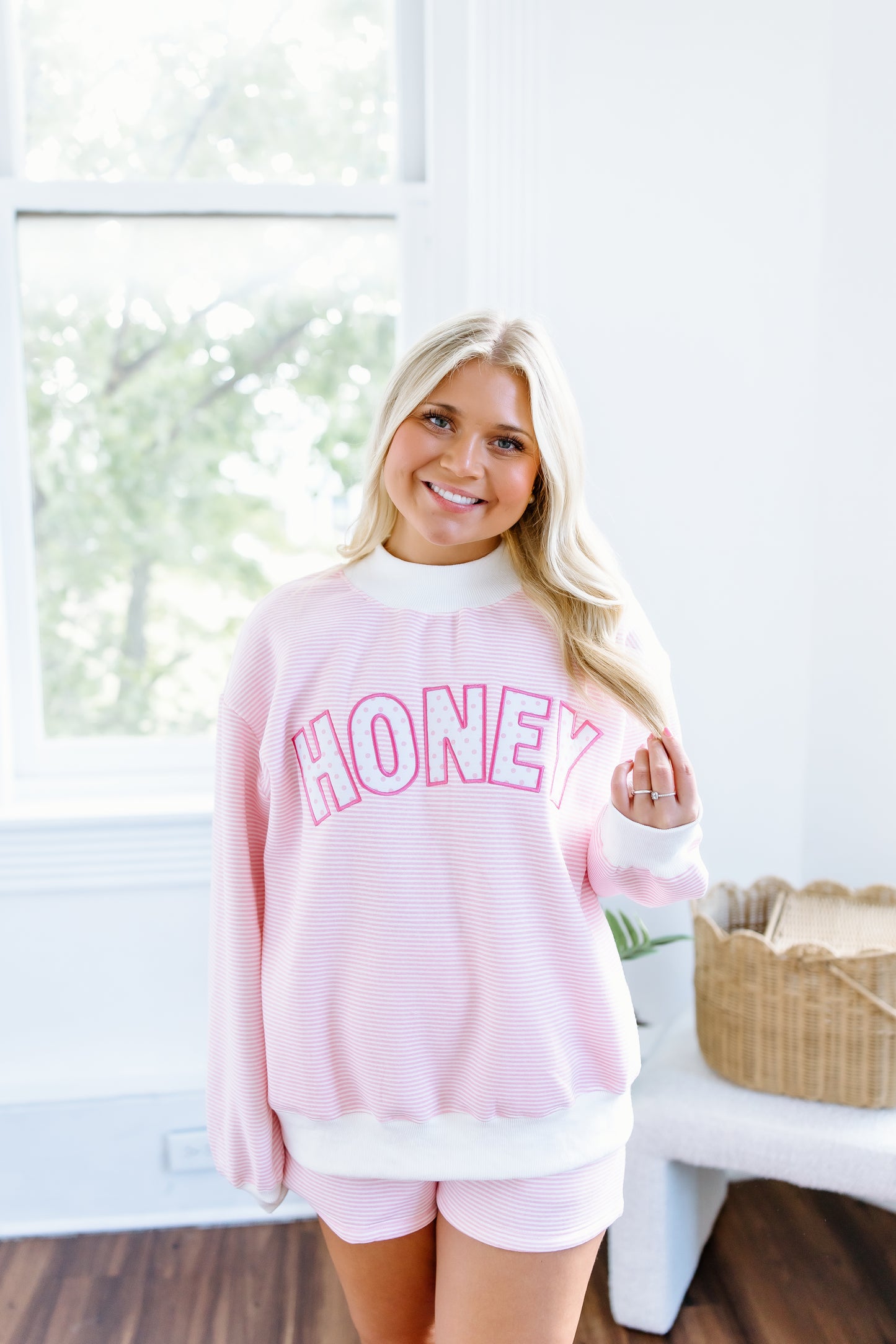 PINK STRIPE AND DOTS HONEY MOCK NECK