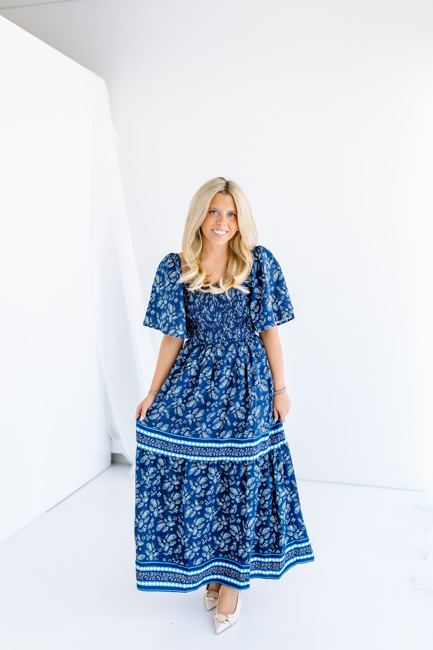 PAISLEY PRINT SMOCKED MAXI DRESS