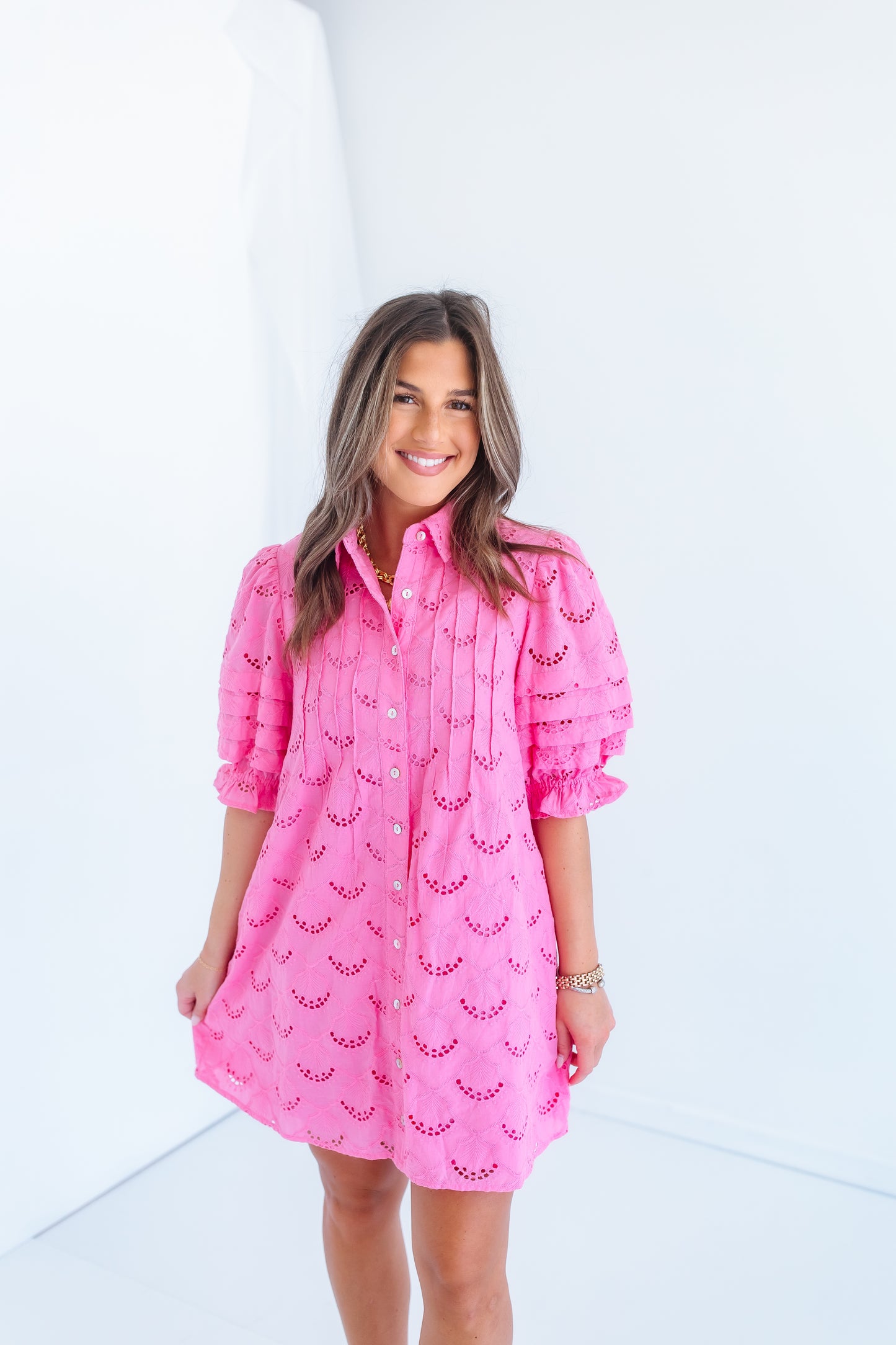 LYNNLEE PINTUCK EYELET MINI DRESS