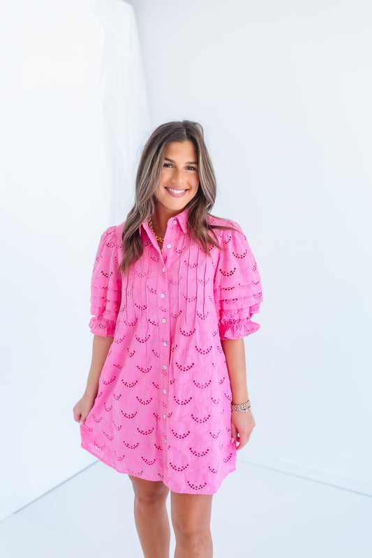 LYNNLEE PINTUCK EYELET MINI DRESS