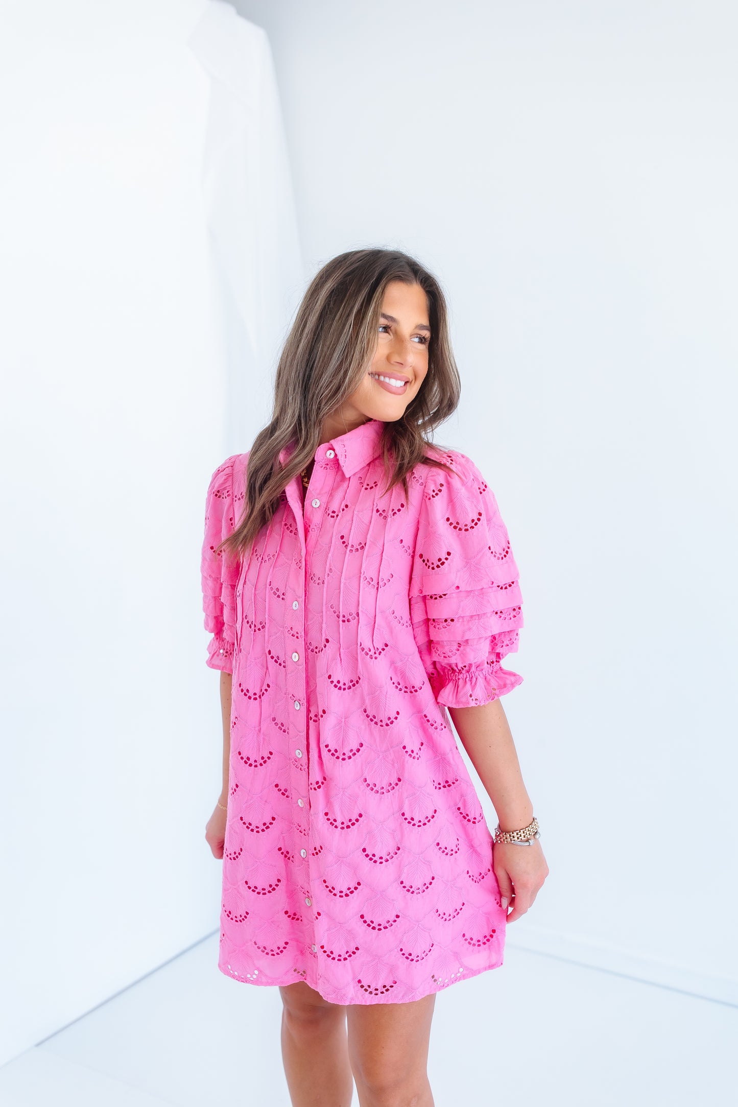 LYNNLEE PINTUCK EYELET MINI DRESS