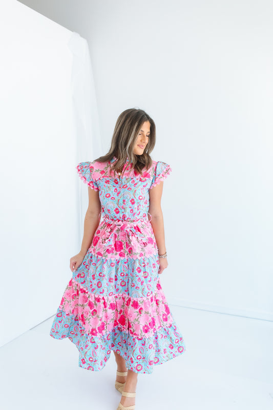 FLORAL PRINT SCALLOP DETAIL MIDI DRESS