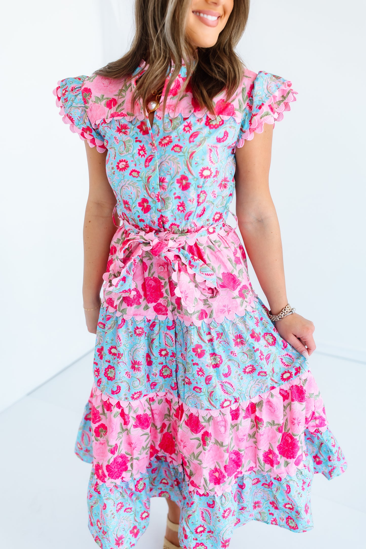 FLORAL PRINT SCALLOP DETAIL MIDI DRESS