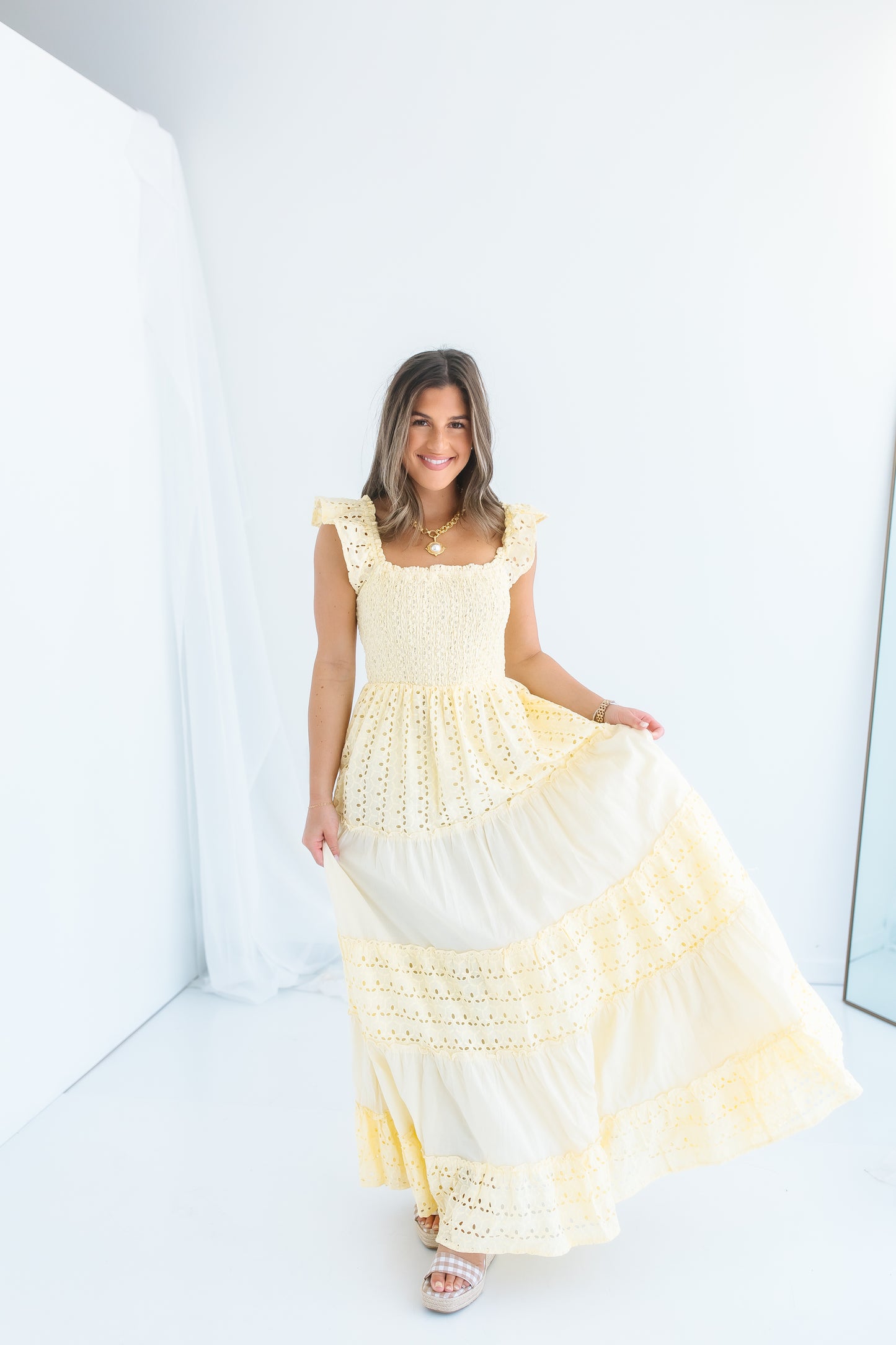 SUNSHINE SMOCKED EYELET MAXI DRESS