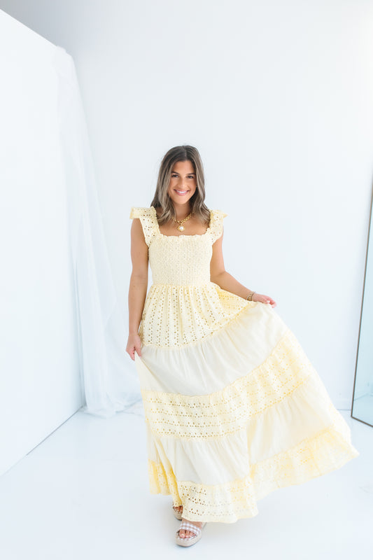 SUNSHINE SMOCKED EYELET MAXI DRESS