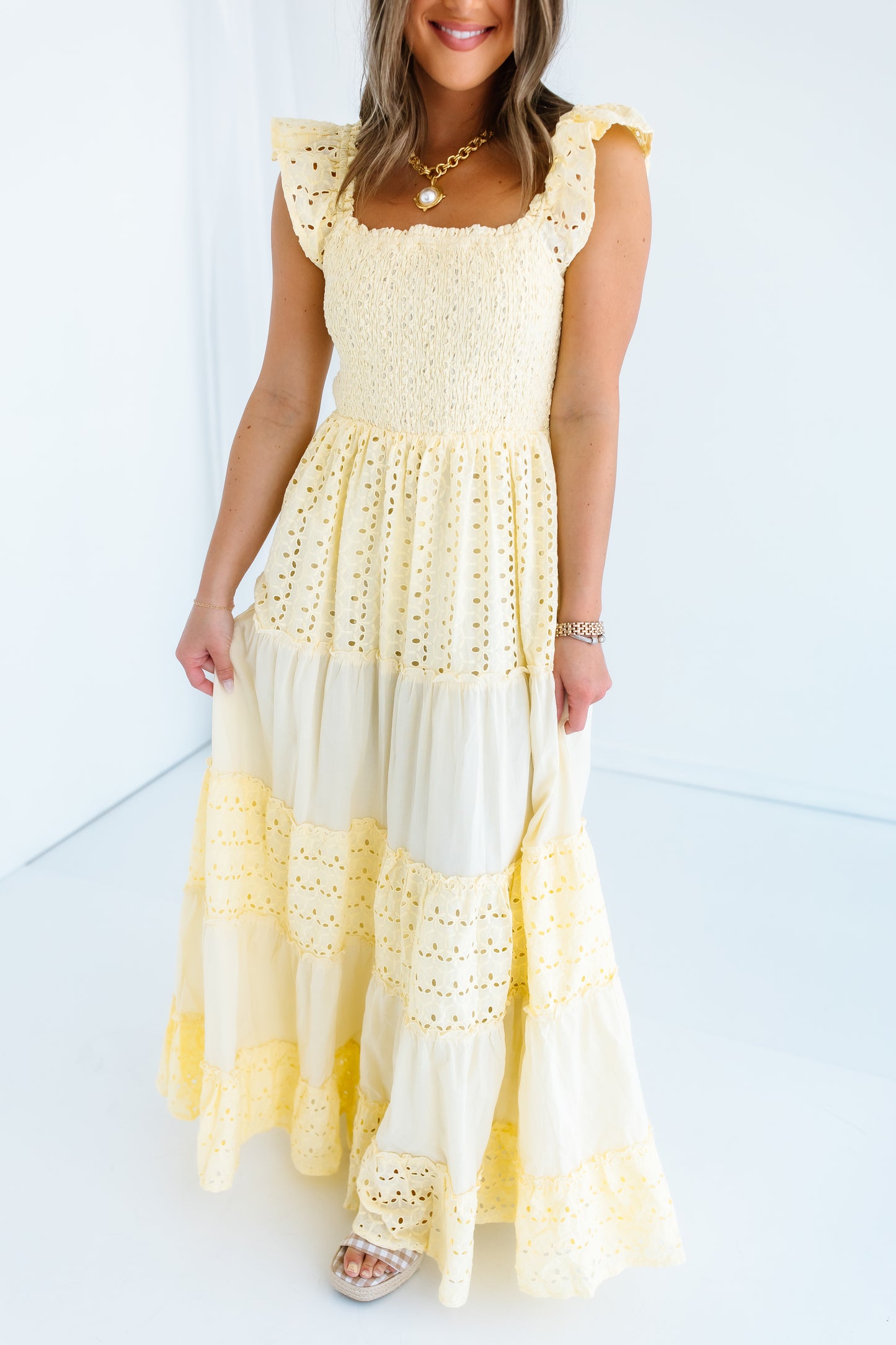 SUNSHINE SMOCKED EYELET MAXI DRESS