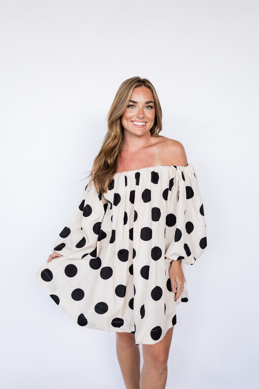 STATEMENT OFF SHOULDER POLKA DOT DRESS
