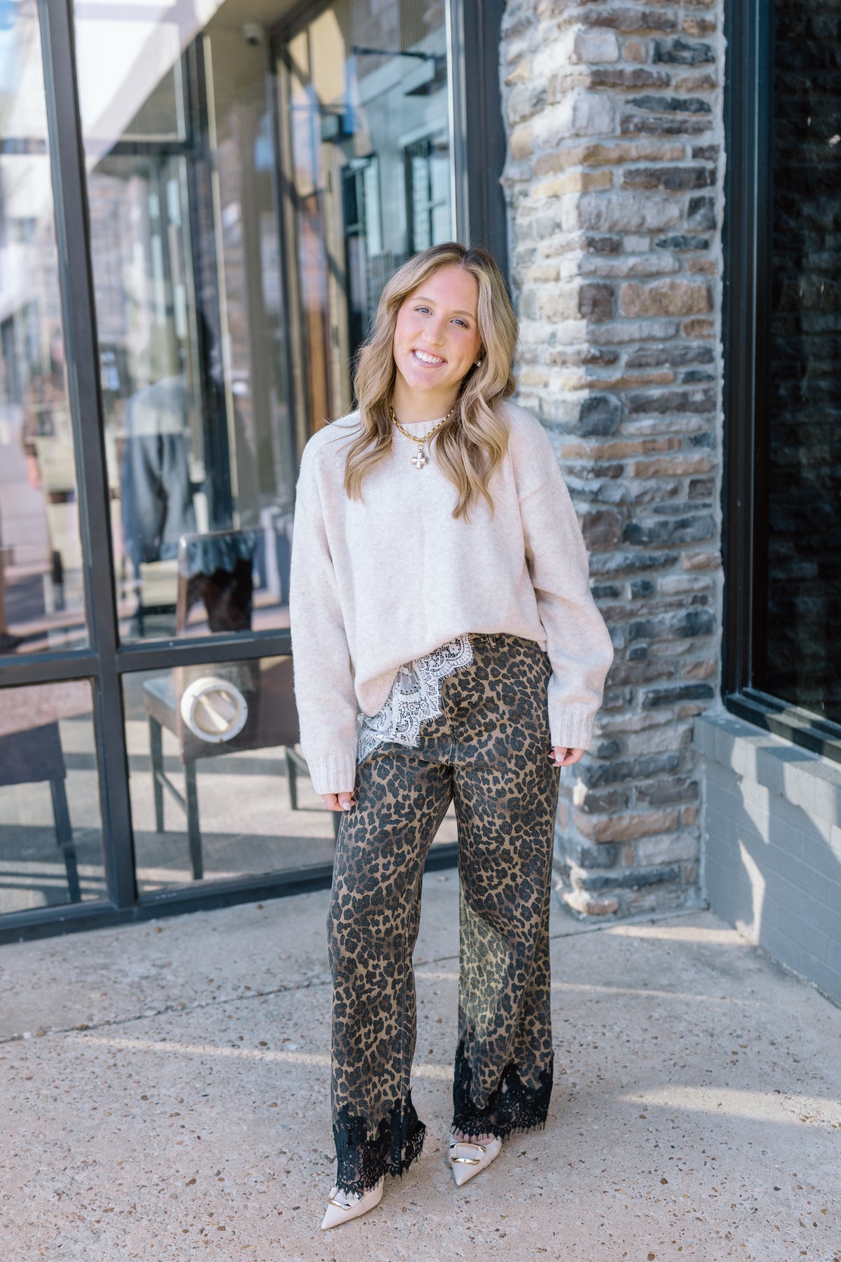 LEOPARD PRINT LACE HEM DENIM PANTS