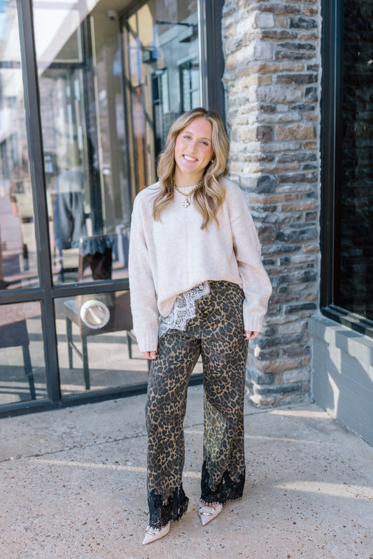 LEOPARD PRINT LACE HEM DENIM PANTS