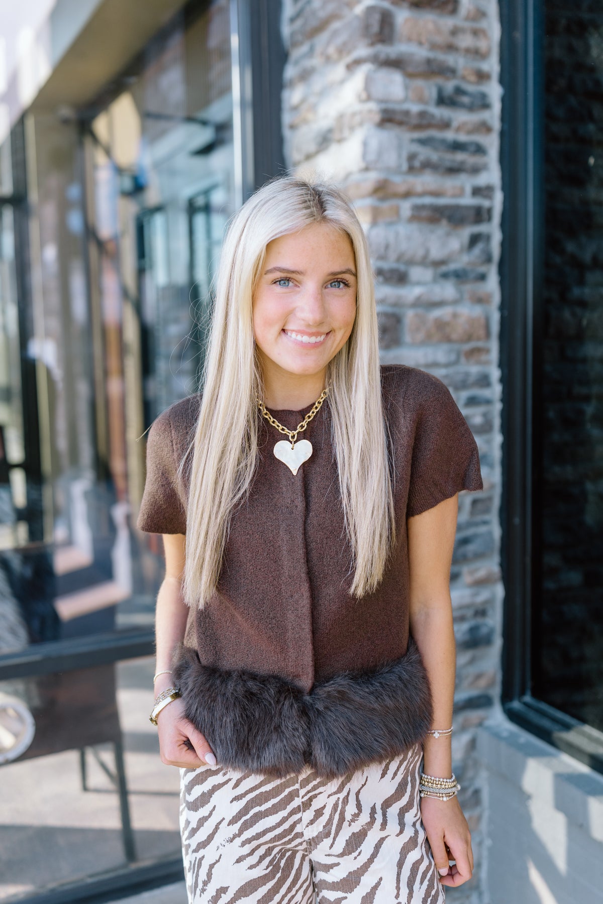 FUR TRIMMED BUTTON KNIT TOP