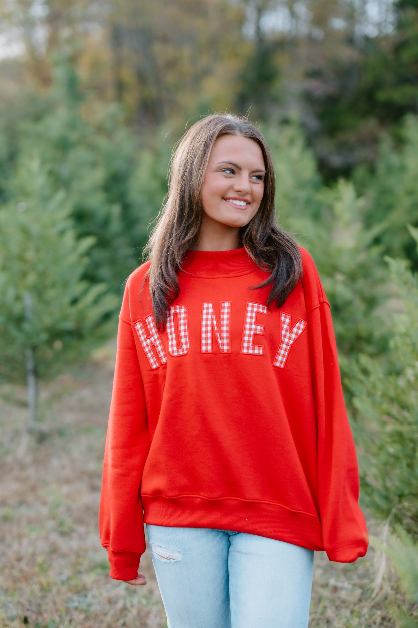 HONEY GINGHAM RED MOCK NECK