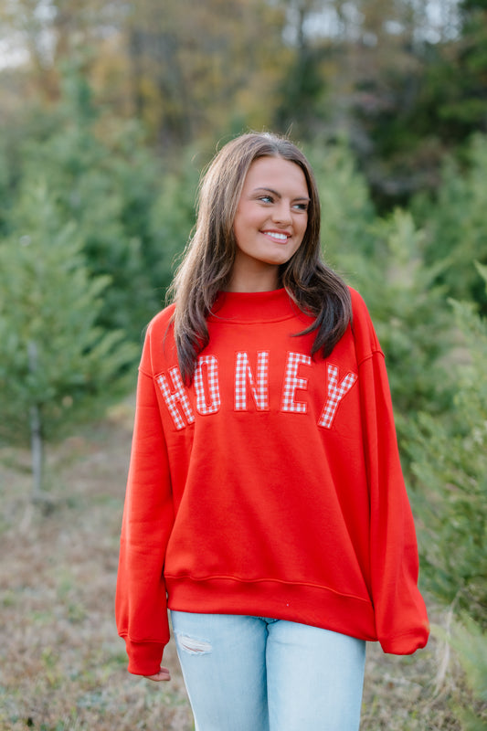 HONEY GINGHAM RED MOCK NECK