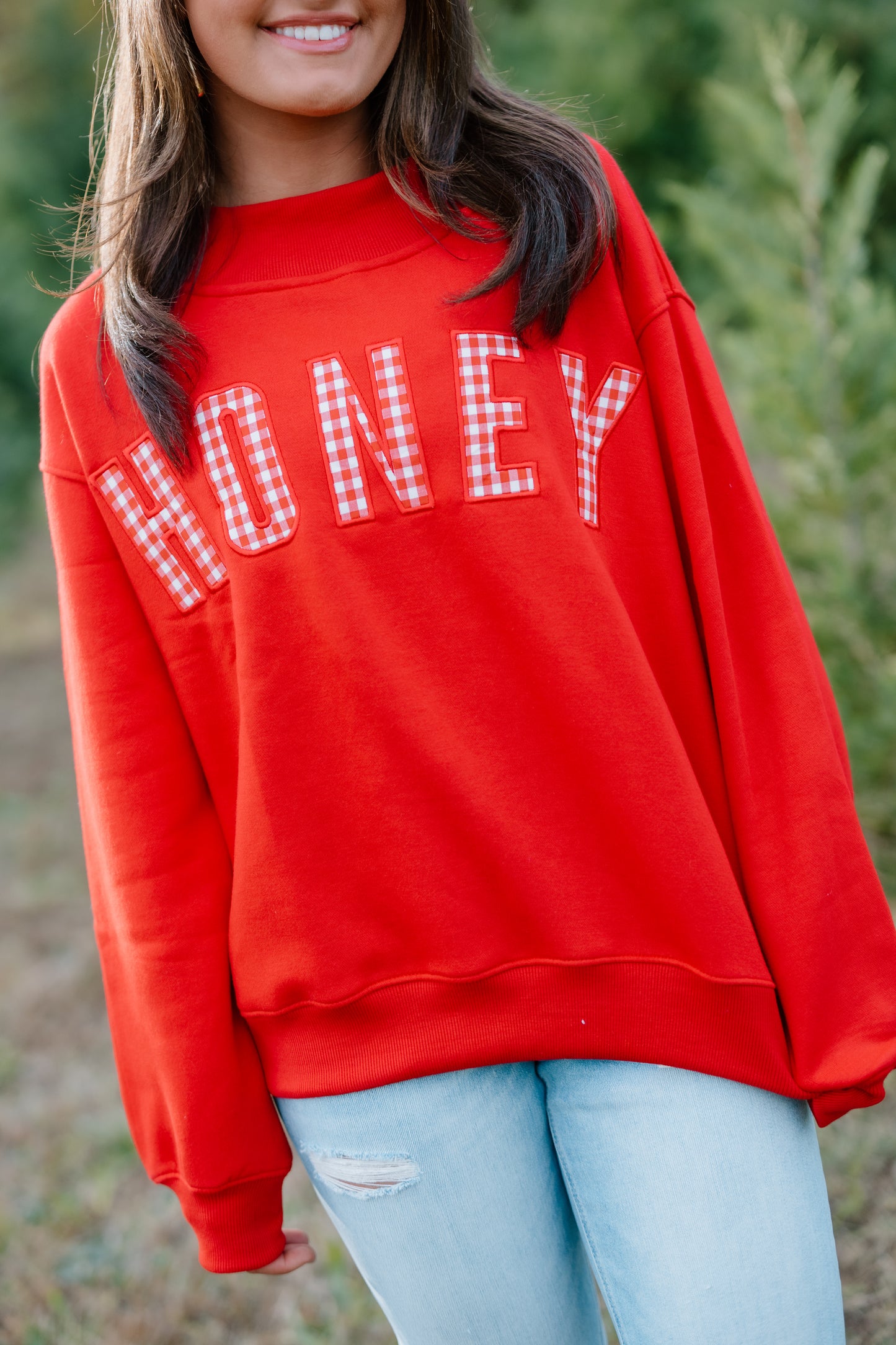 HONEY GINGHAM RED MOCK NECK