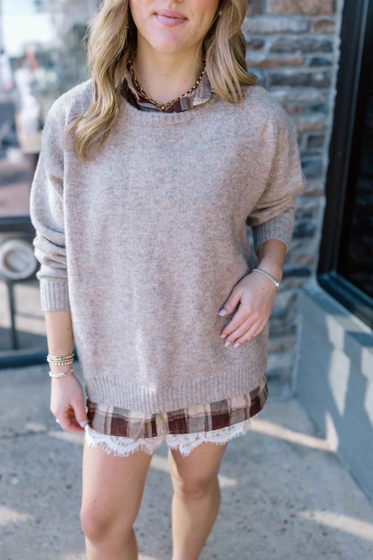LONG SLEEVE PLAID LAYER SWEATER