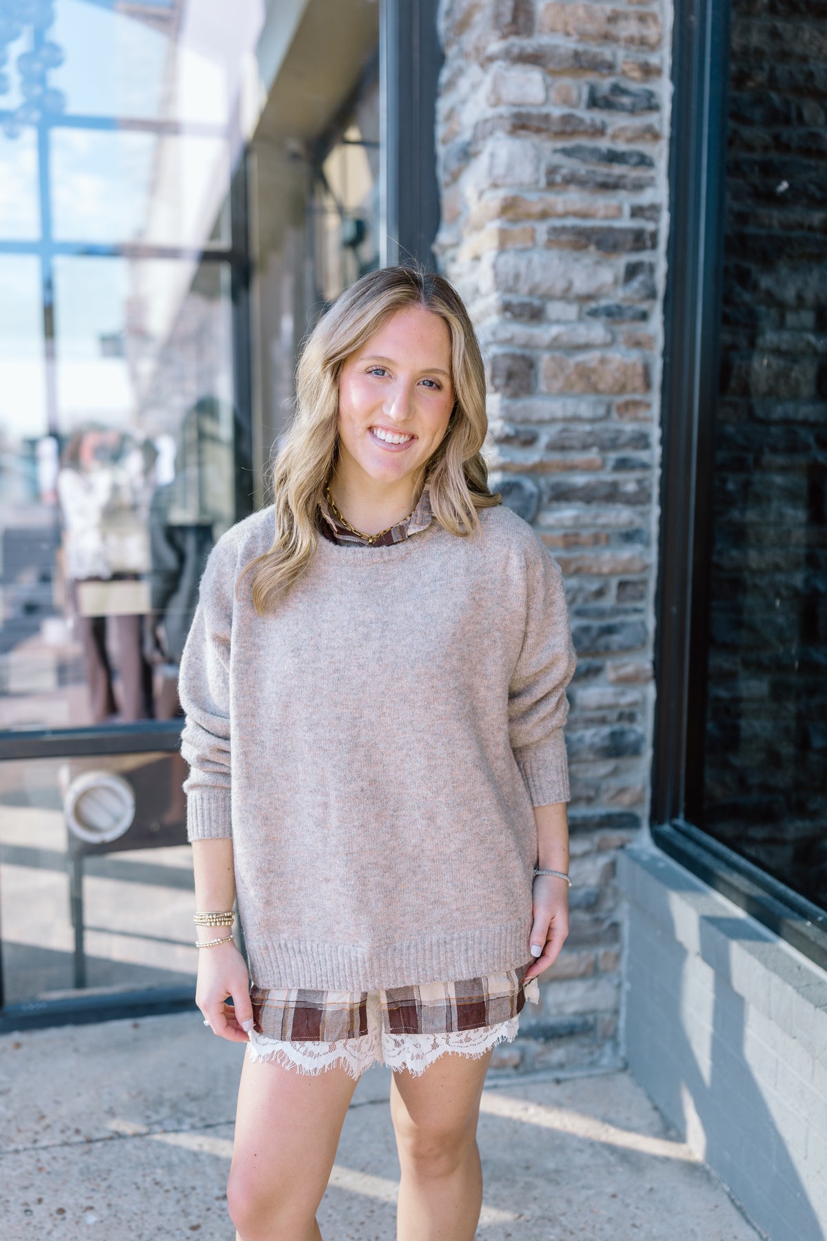 LONG SLEEVE PLAID LAYER SWEATER