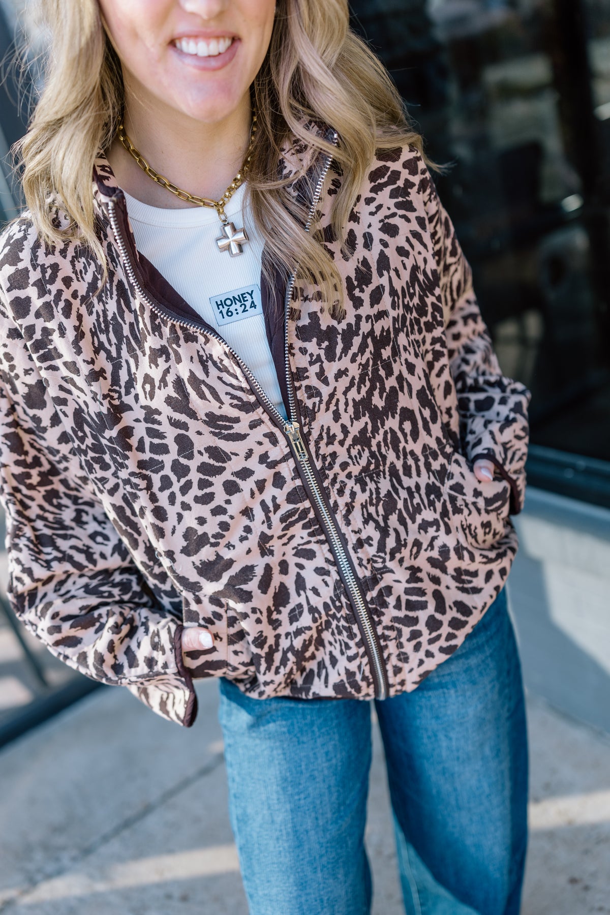 ANIMAL PRINT PIPING DETAIL JACKET