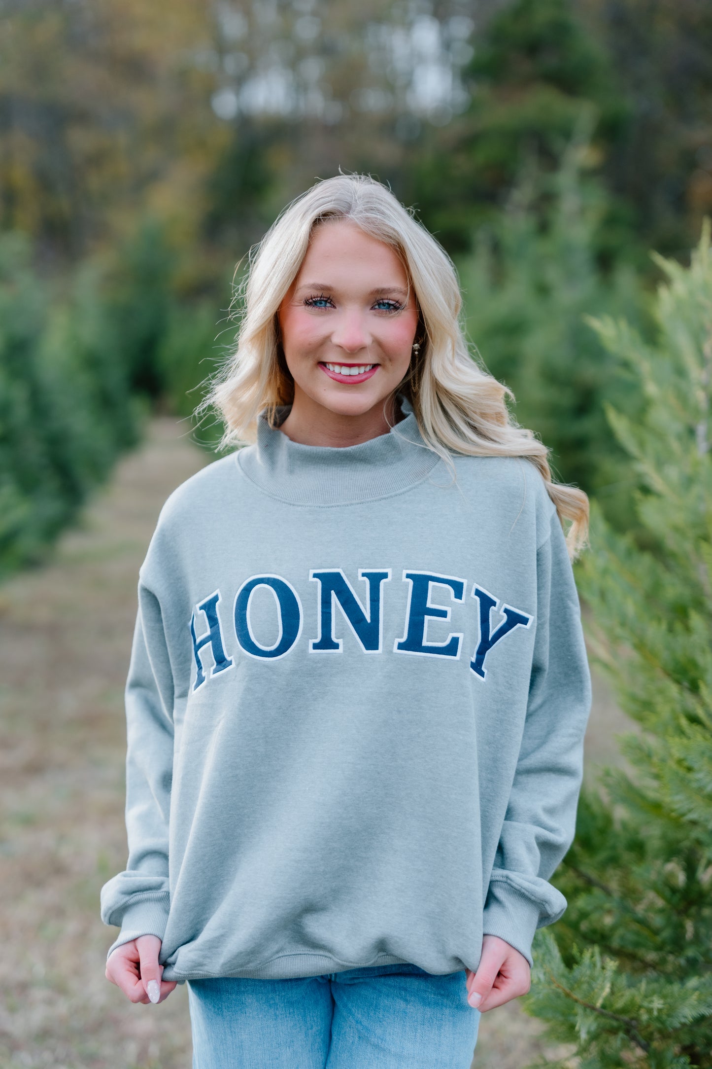 HONEY HEATHER GREY AND NAVY MOCK NECK