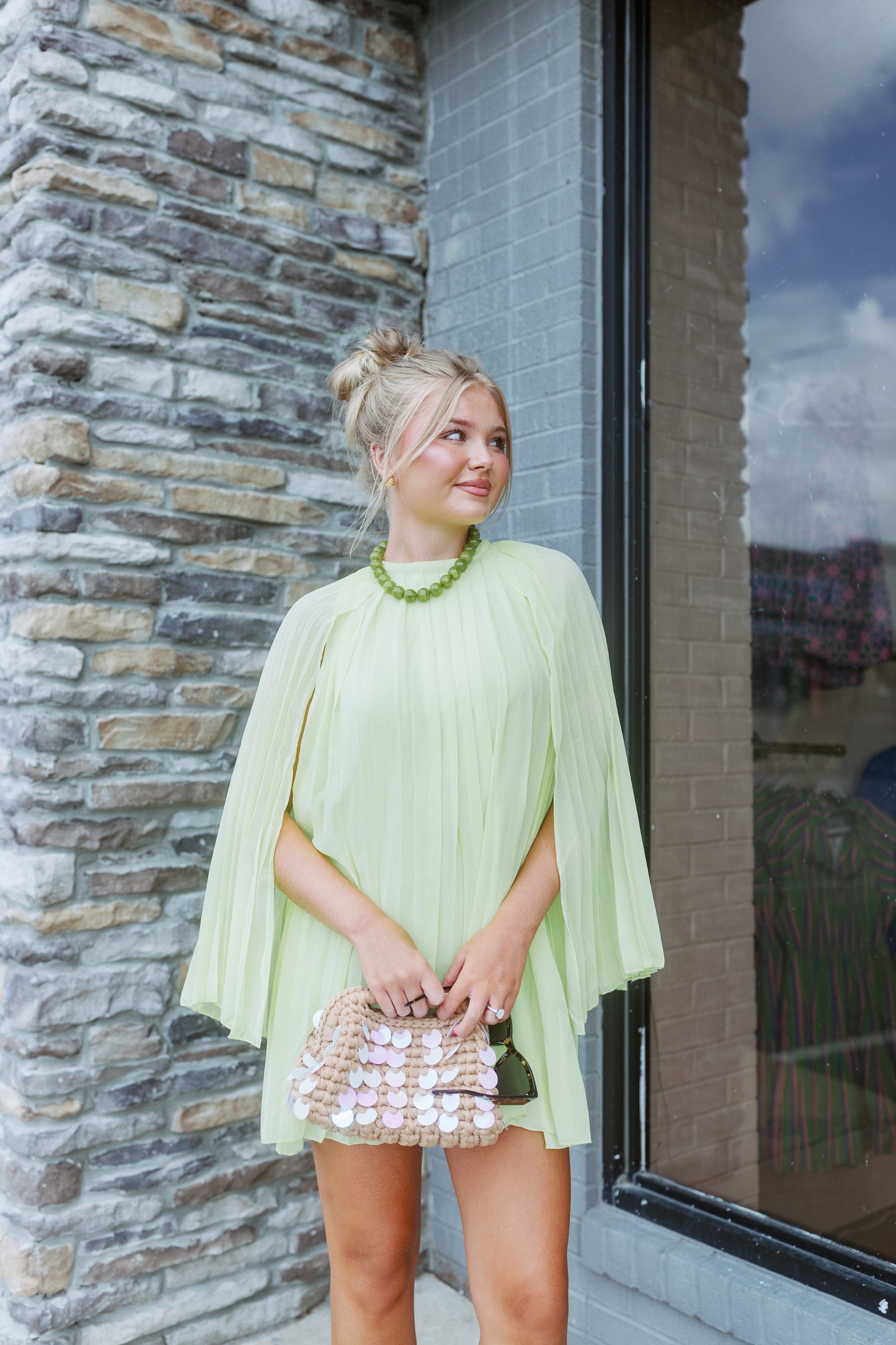 PLEATED CHIFFON CAPE MINI DRESS