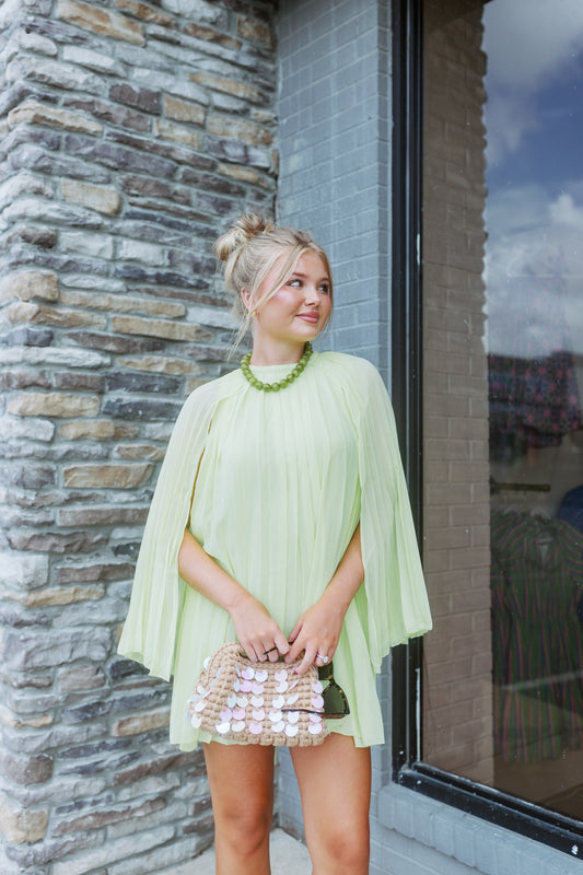 PLEATED CHIFFON CAPE MINI DRESS