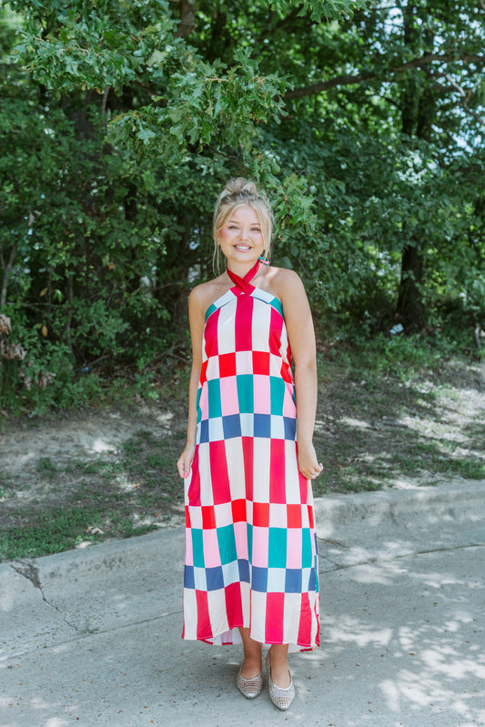 FOUND OUT COLOR BLOCK HALTER MAXI DRESS