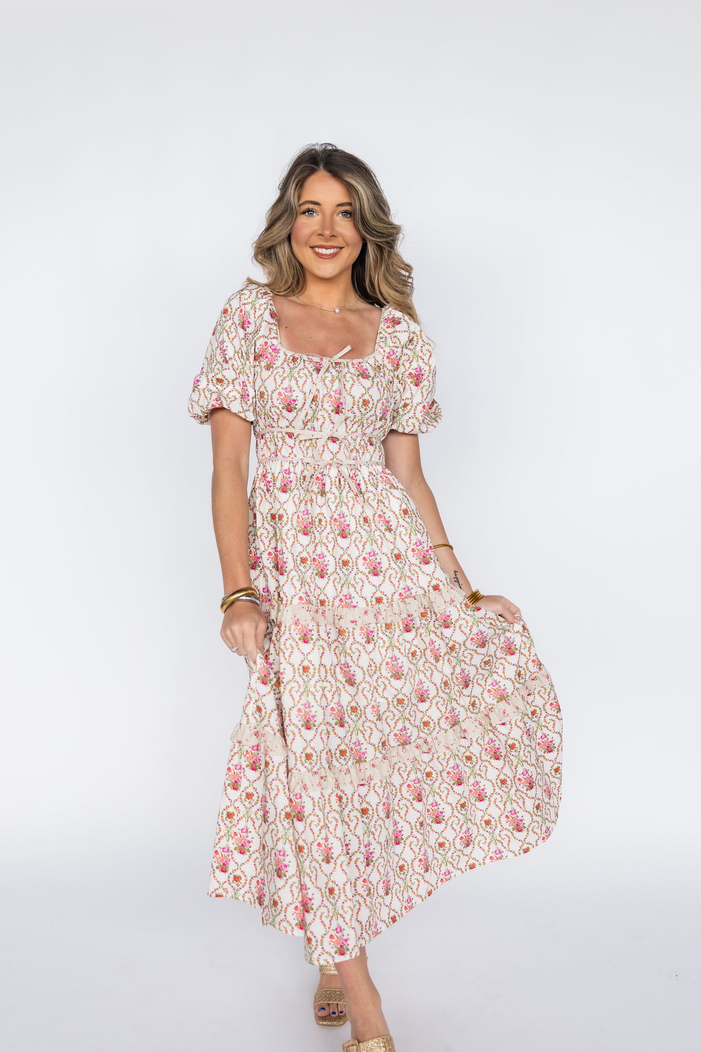 COTTON POPLIN RUFFLE MAXI DRESS