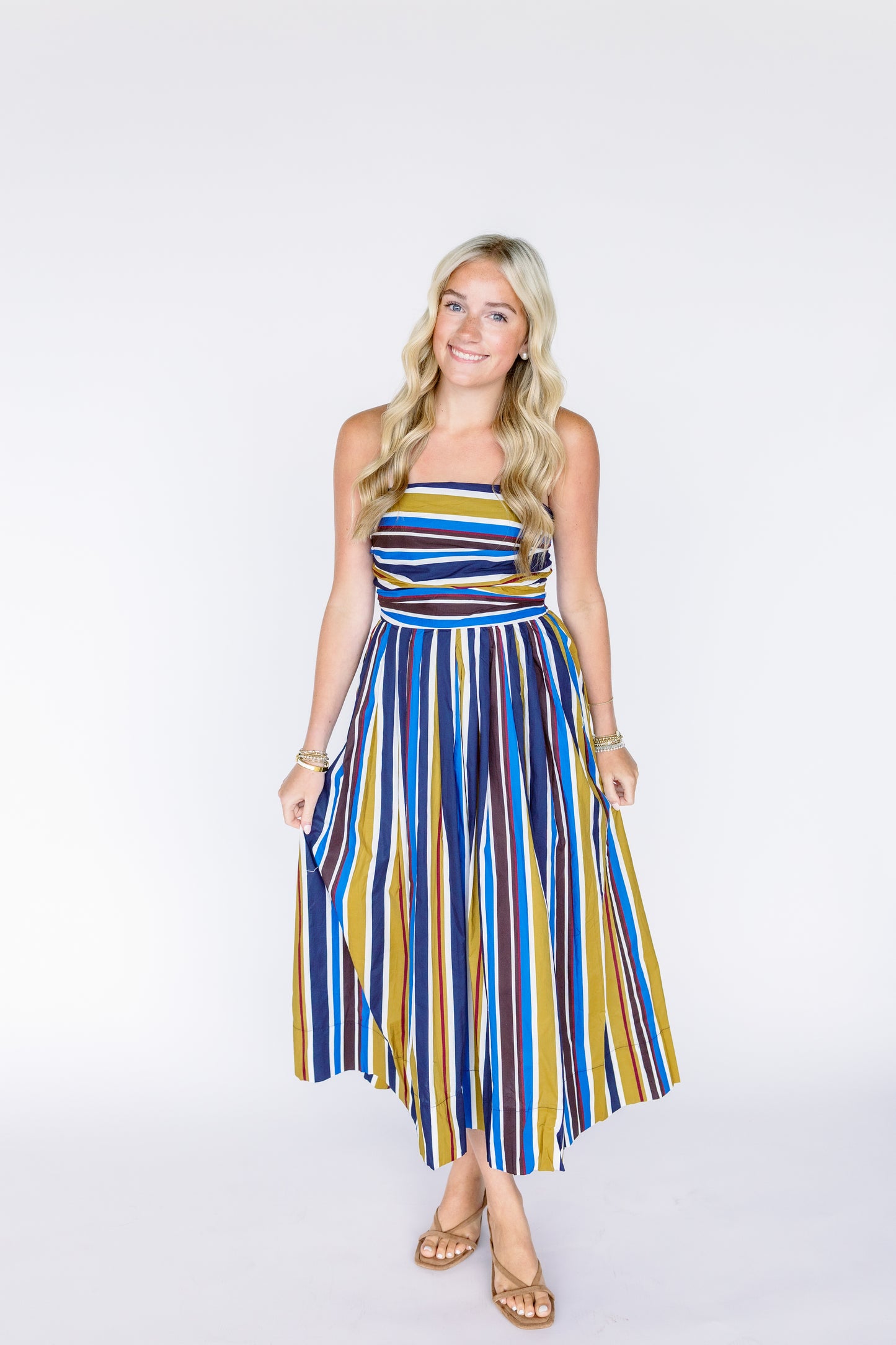 MULTI COLOR RUCHED TUBE MIDI DRESS