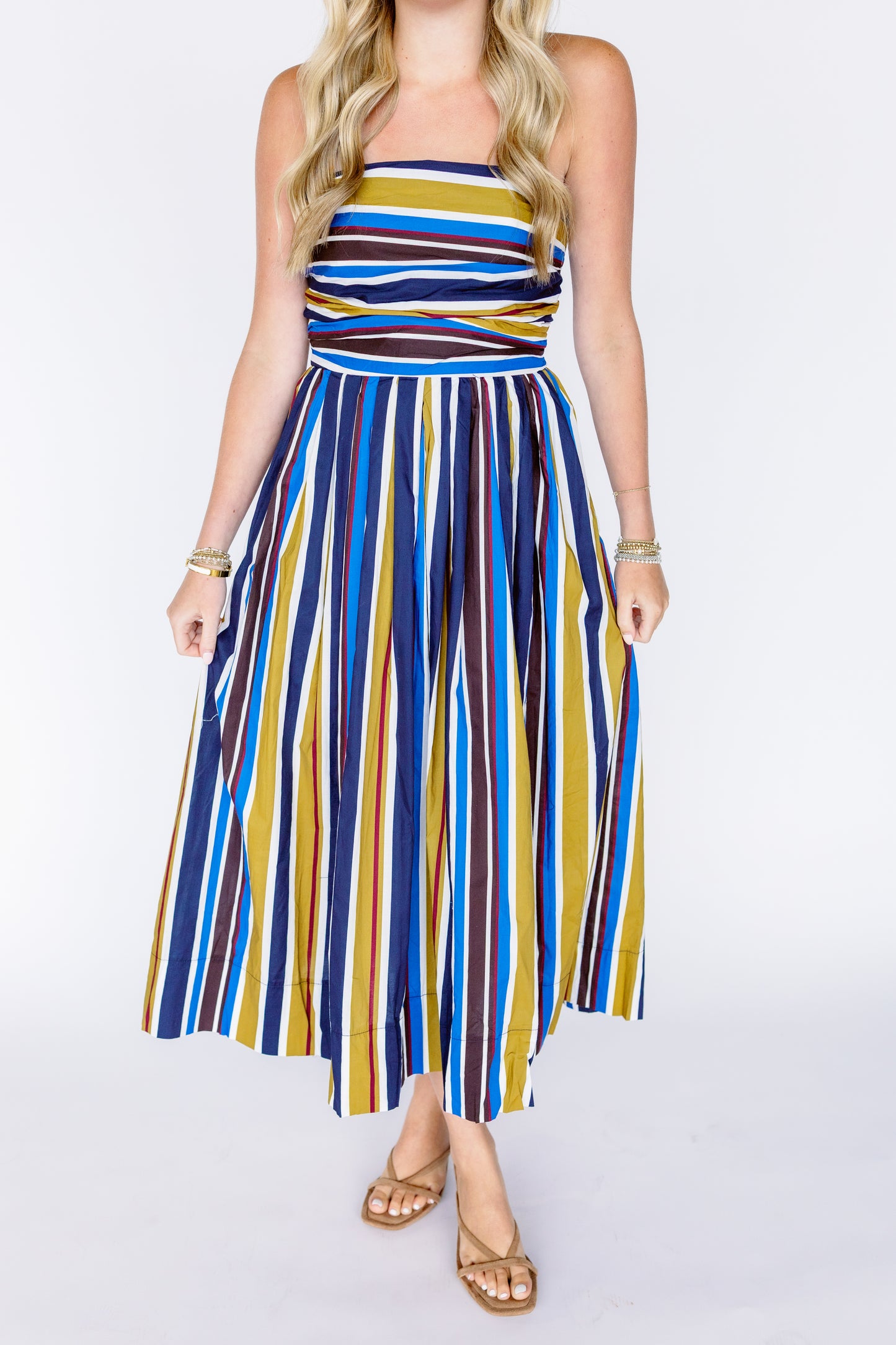 MULTI COLOR RUCHED TUBE MIDI DRESS