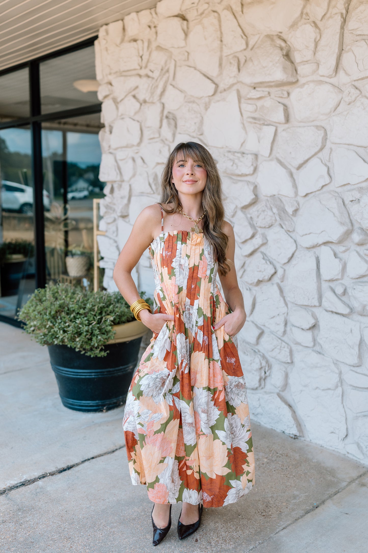 ADD AN OLIVE  FLORAL MIDI DRESS