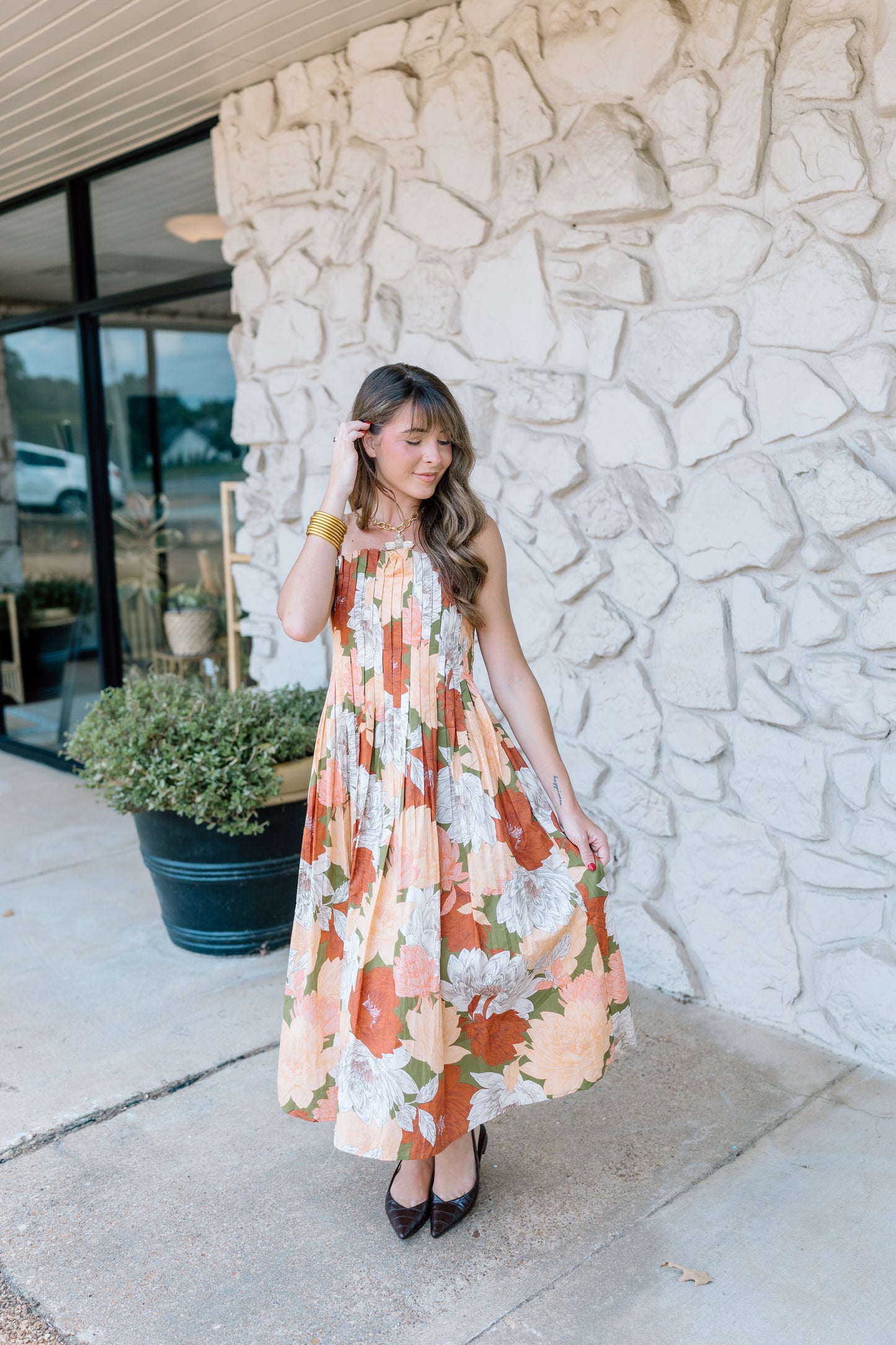 ADD AN OLIVE  FLORAL MIDI DRESS