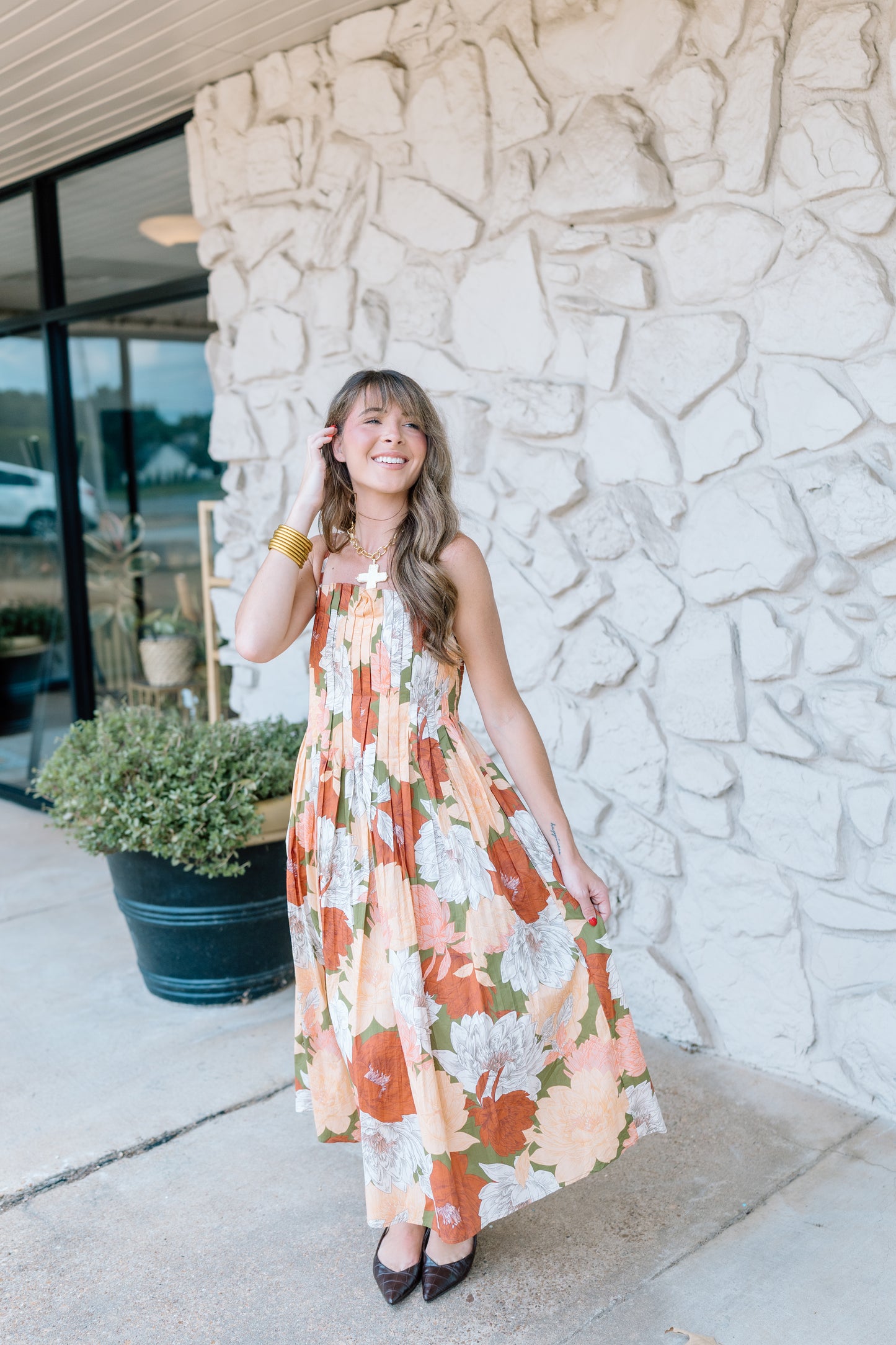 ADD AN OLIVE  FLORAL MIDI DRESS