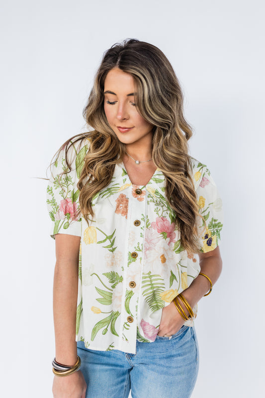 GOLD BUTTON DETAIL FLORAL BLOUSE