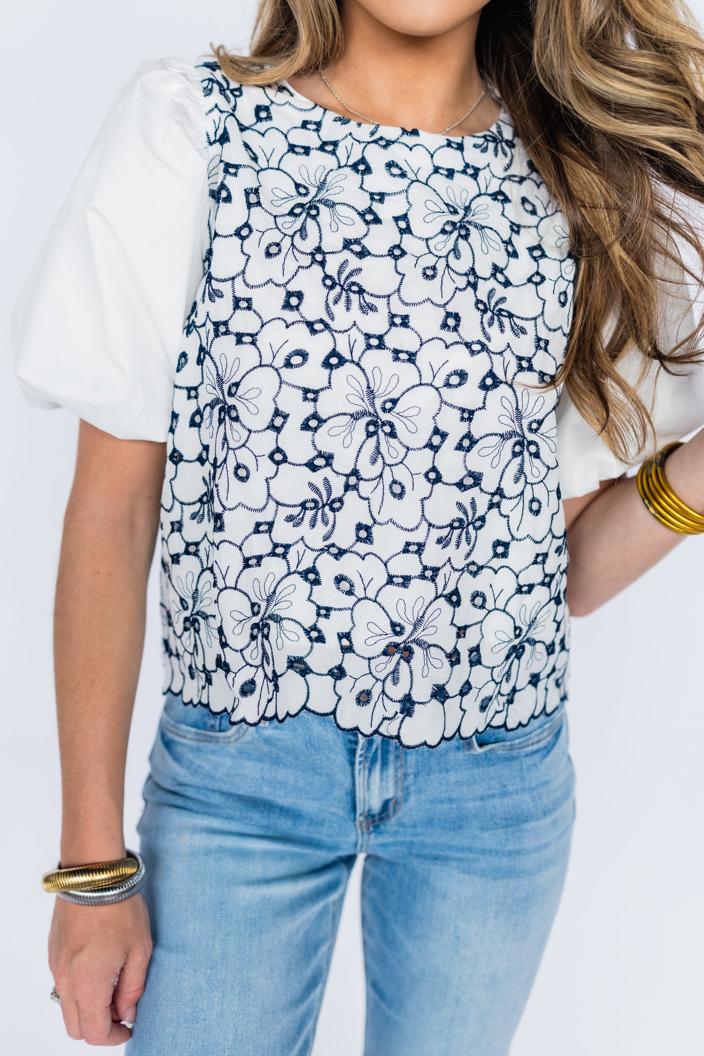 EMBROIDERED EYELET BALLOON SLEEVE BLOUSE