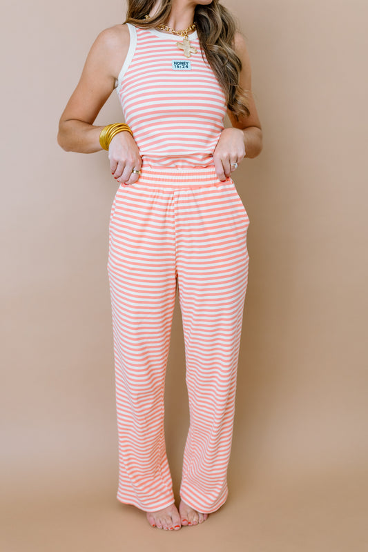 HONEY PINK AND CREAM RIBBED STRIPE LONG PANTS