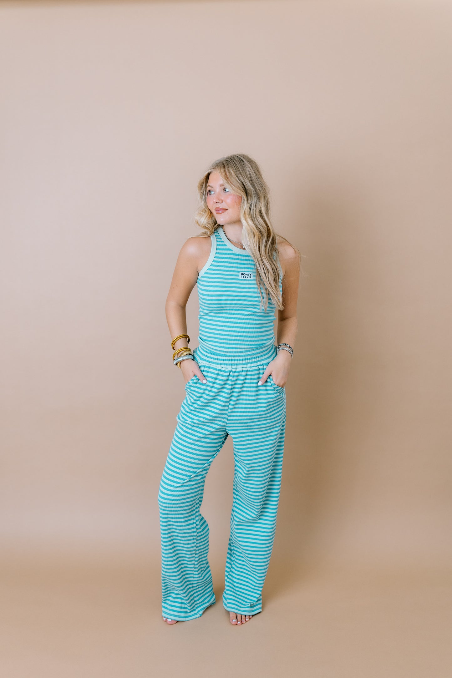 HONEY TWO TONED BLUE  RIBBED STRIPE LONG PANTS
