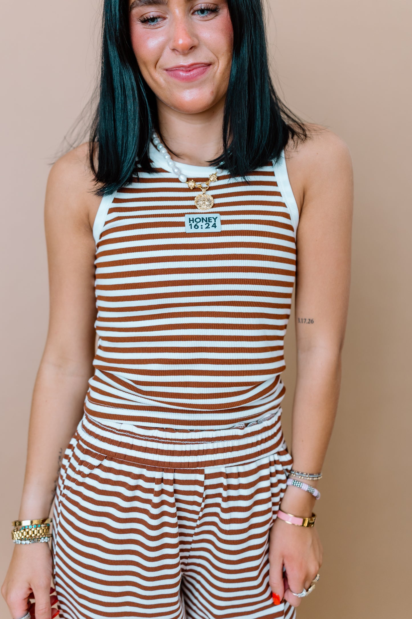 HONEY 16:24 BROWN AND WHITE TANK TOP