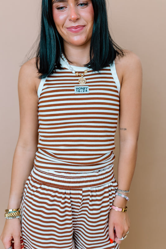 HONEY 16:24 BROWN AND WHITE TANK TOP