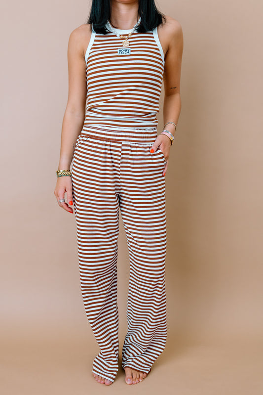 HONEY BROWN AND WHITE RIBBED STRIPE LONG PANTS