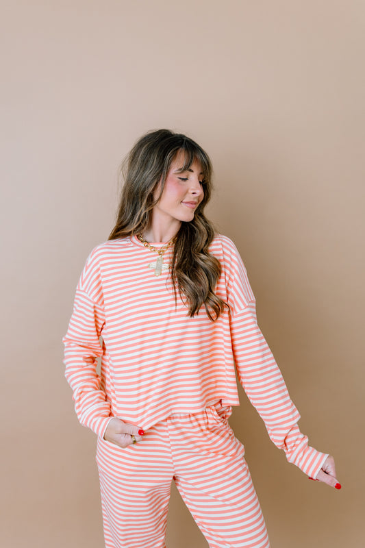 HONEY PINK AND CREAM RIBBED LONG SLEEVE TOP