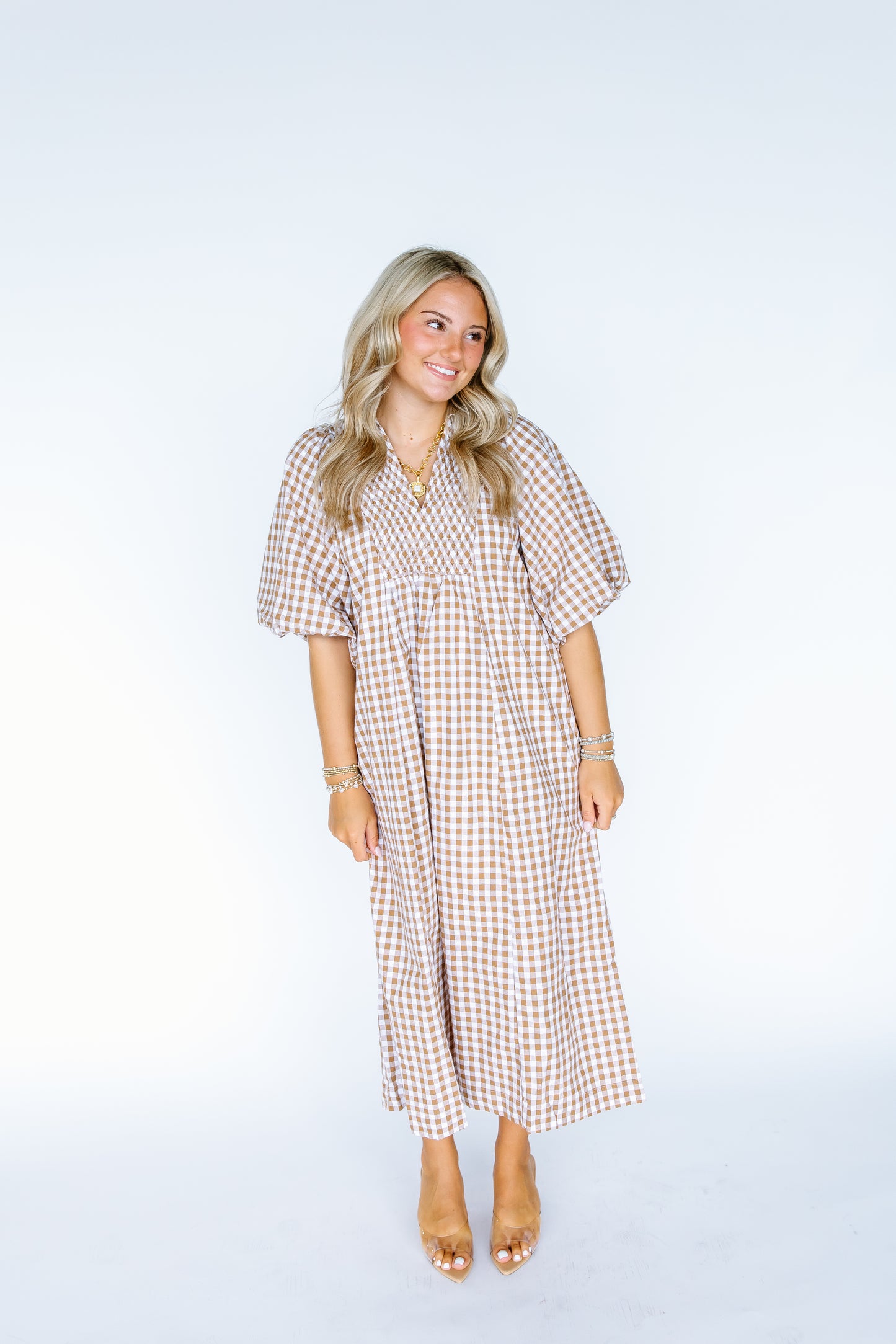 TAKE YOU OUT GINGHAM MIDI DRESS