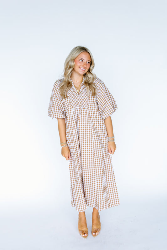 TAKE YOU OUT GINGHAM MIDI DRESS