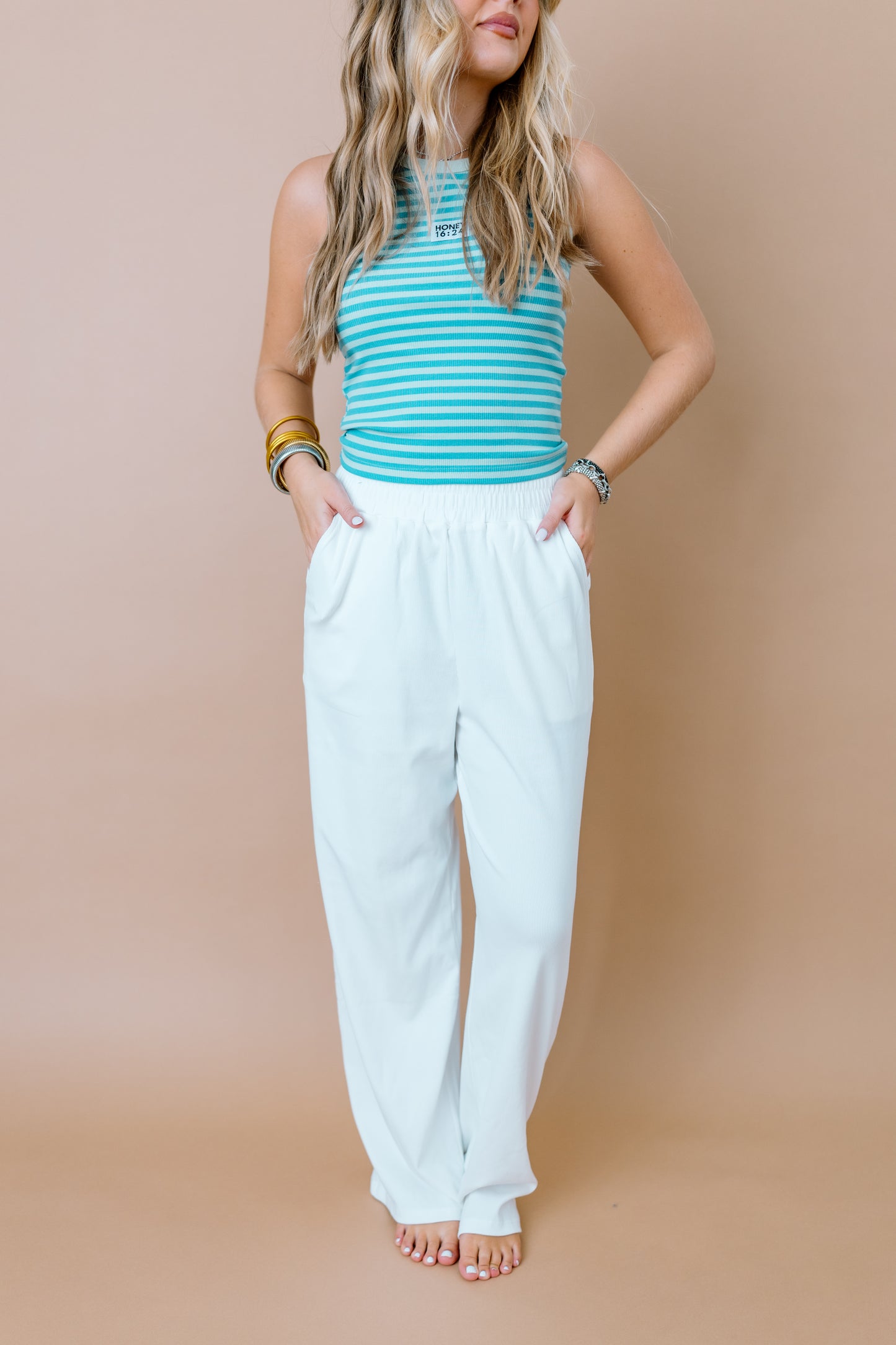 HONEY WHITE RIBBED LONG PANTS
